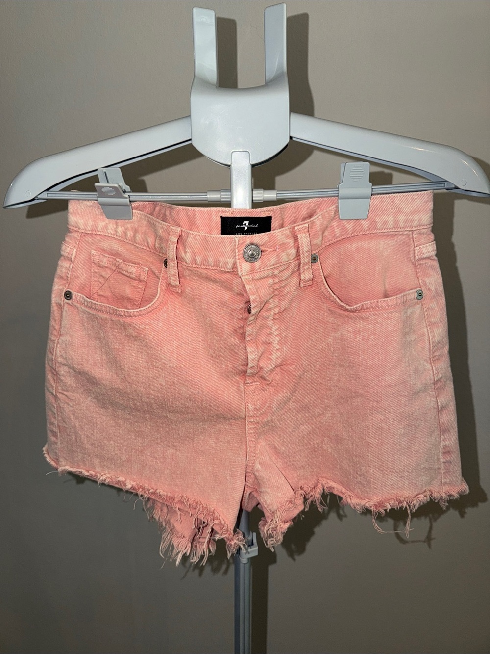 7 For All Mankind Pink Denim Cutoff Shorts with Frayed Hem